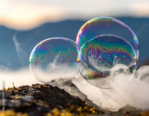 Large Iridescent Bubbles on Rocky Shore.