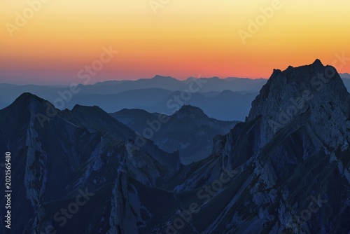 Alpstein Mountains at dawn, view of Mount Hoher Kasten, behind Vorarlberg Austria, Canton Appenzell Innerrhoden, Switzerland