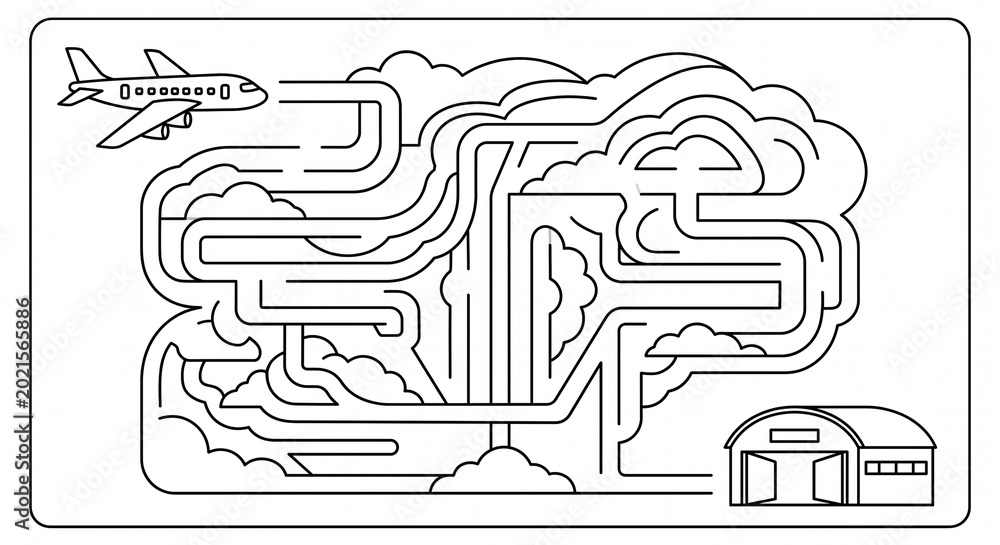 Obraz premium Airplane maze worksheet labyrinth worksheet with airplane, clouds and house route