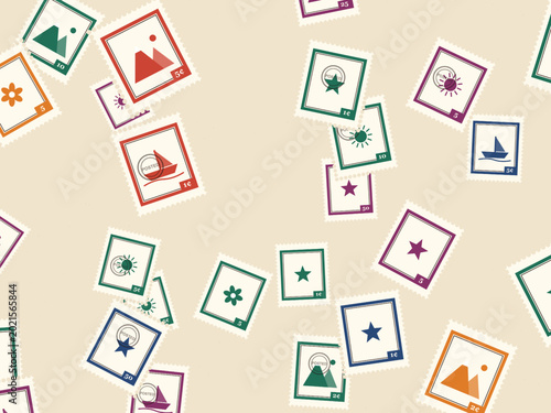 Foto Vintage Postage Stamps Scattered Pattern Travel Background