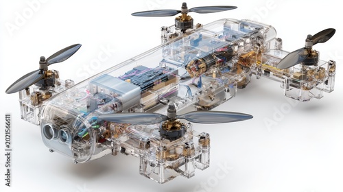 Transparent futuristic quadcopter drone with visible internal electronic components and mechanical parts