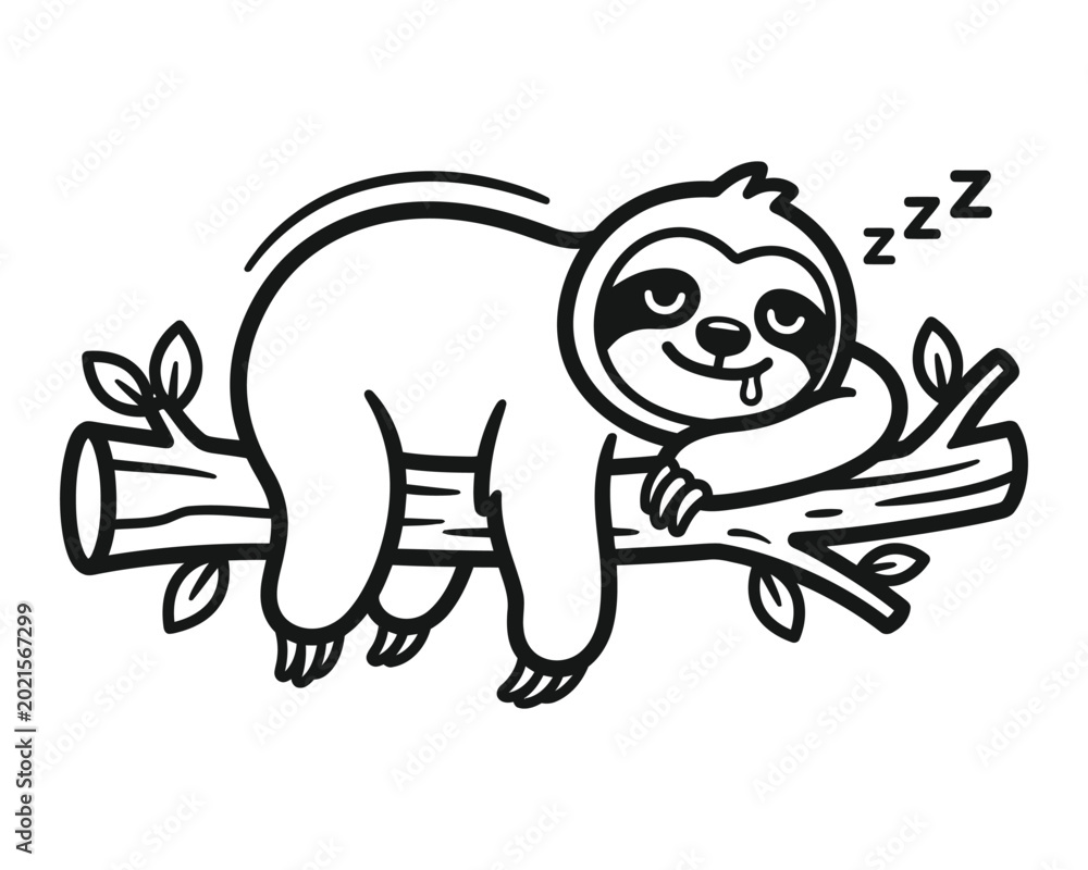 Naklejka premium Funny sloth sleeping on tree branch black and white vector illustration