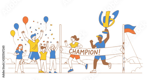 Foto Race to Victory: A dynamic illustration captures the essence of triumph and celebration as athletes and spectators revel in the glory of victory, embodying the spirit of competition and achievement