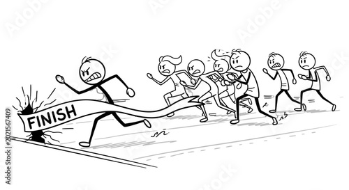 Foto Runner Breaks Finish Line: A determined runner bursts through the finish line while others trail behind, embodying perseverance, competition, and the relentless pursuit of achievement