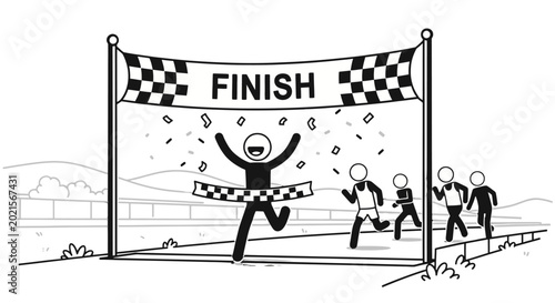Schilderij op canvas Triumph at the Finish Line: A stick figure joyfully breaks through the finish line banner, a symbol of personal triumph and the culmination of effort