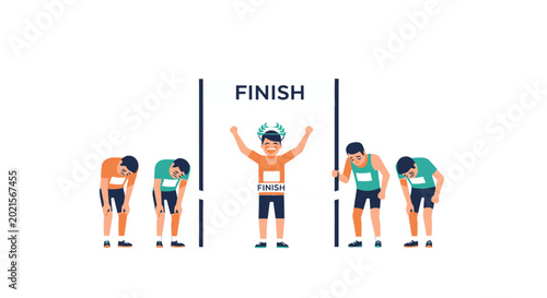 Foto Triumphant Runner Crossing the Finish Line: Depicting a moment of athletic triumph as a runner celebrates their victory