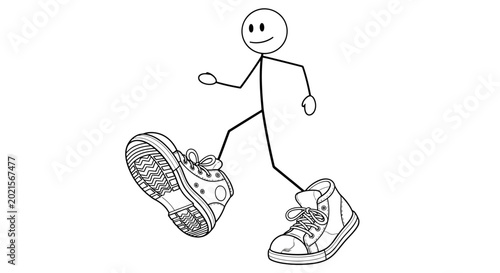 Canvastavla Giant Shoe Step: A whimsical stick figure strides forward, taking a playful step in oversized footwear, capturing the essence of fun, growth, and making a bold statement