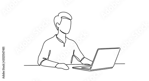 Billede på lærred Digital Workspace: A modern depiction of a person engrossed in a digital world of work, utilizing a laptop to navigate the complexities of their task