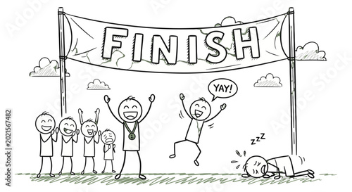 Canvas-taulu Triumph at the Finish Line: A sketch illustrating the elation and exhaustion of a race