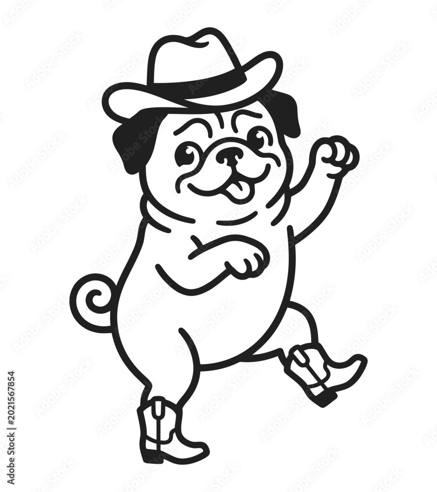 Obraz premium Funny pug dog in cowboy hat and boots black and white vector illustration