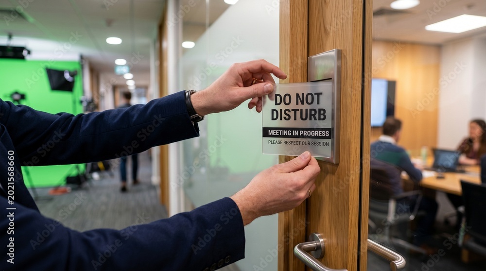 Naklejka premium Person attaching do not disturb sign on wooden hotel room door