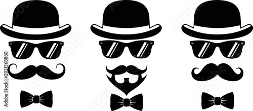 Canvastavla Gentleman face set with bowler hat sunglasses mustache and bow tie vector illust