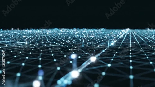 Glowing blue data nodes connected by lines moving across a dark digital surface in this cinematic motion graphics video clip