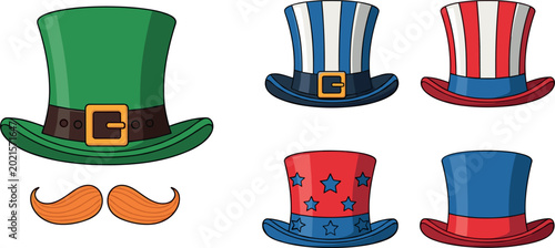 Fotografie Leprechaun top hat and patriotic fourth of july uncle sam hats vector illustrati
