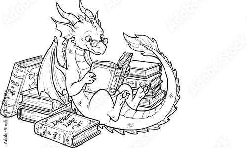 Cute, whimsical, dragon, reading, books, coloring, page, black, and, white, line, art, fantasy, creature, wearing, glasses, learning, magic, lore, illustration.