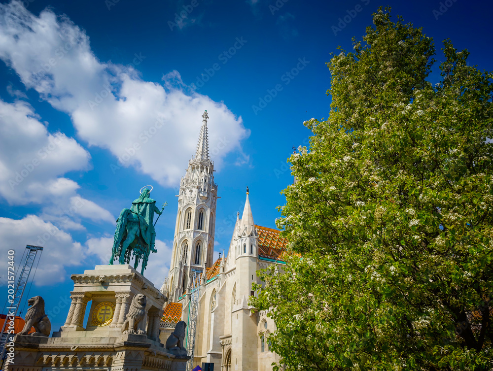 Fototapeta premium The Church of Our Lady at Buda Castle in Budapest, historic Gothic landmark and famous Hungarian tourist attraction. Fishermans Bastion