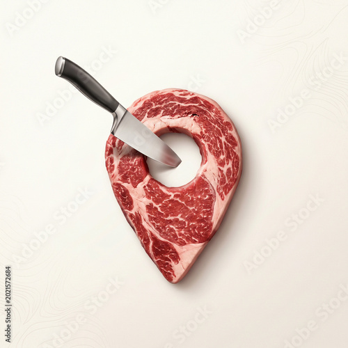 Map pin symbol made of raw beef steak with knife location restaurant delivery business culinary destination specialty butchery appetizing creative