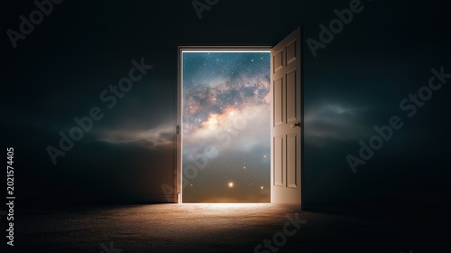 Small bedroom door opening into deep outer space filled with stars and nebulae, blending curiosity, wonder, and surreal imagination.