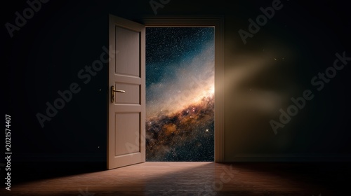 Small bedroom door opening into deep outer space filled with stars and nebulae, blending curiosity, wonder, and surreal imagination.