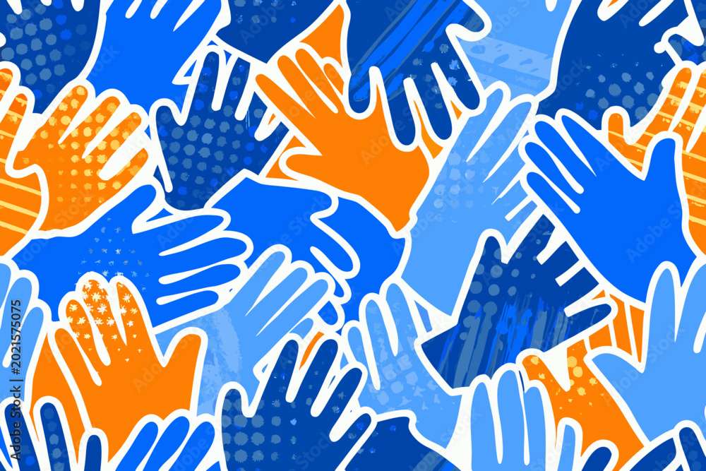 Fototapeta premium handprint pattern dynamic overlapping hands illustration in blue and orange