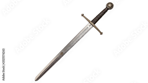 Quadro su tela Traditional medieval steel sword with a long sharp blade and dark metallic cross