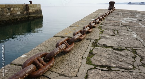 Close up of a massive rusty chain linked to a stone pillar at a harbor representing maritime history.