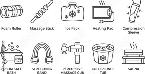 Obraz na płótnie Therapy and recovery equipment line icons: foam roller, ice pack, heating pad, sauna