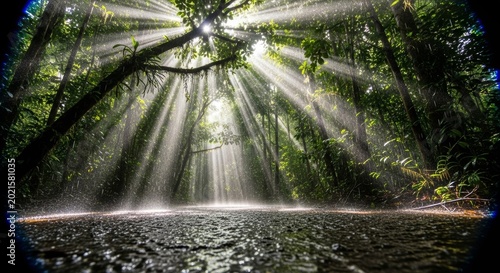 Heavy rain falling in a lush green tropical forest with bright sun rays piercing through the tree canopy.