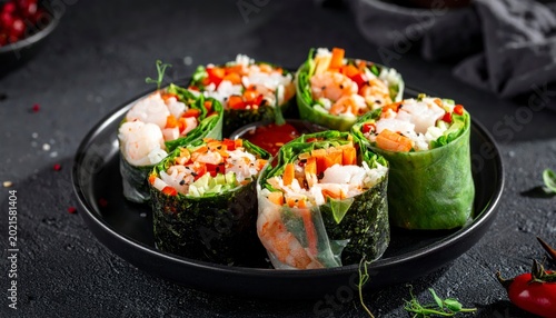 Freshly Prepared Seaweed Rolls Filled With Shrimp and Vegetables on a Dark Plate