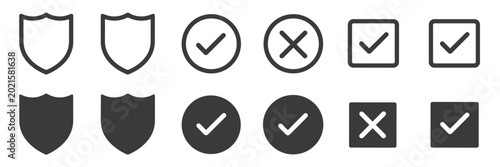 Set of shield checkmark and cross in outline and solid fill styles tick