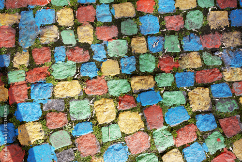 Vibrant painted cobblestone path surface. Stones show red, blue, green, yellow hues. 