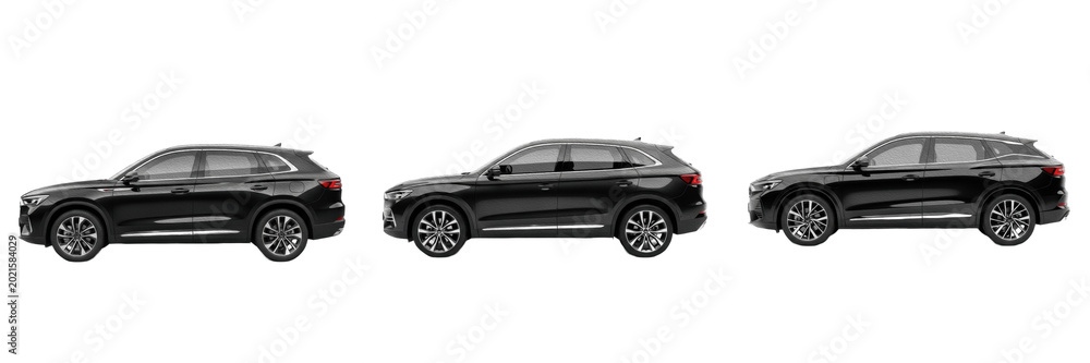 Fototapeta premium Side View of a Modern Black SUV Car for Automotive Sales and Transportation Logistics Design Isolated on Transparent White Background PNG Asset Set