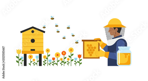 Beekeeper collecting honeycomb from hive amidst flowers with bees flying
