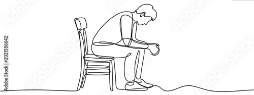 Tableau sur toile Single line of a man sitting on a chair with head bowed and hands clasped