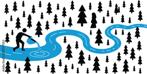 Photography Vector illustration of forest with black tree silhouettes and winding blue river