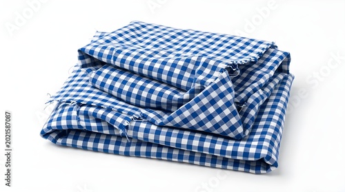 Stack of folded blue and white checkered cotton towels isolated on white