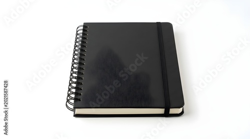 Black spiral-bound notebook with blank pages isolated on white background