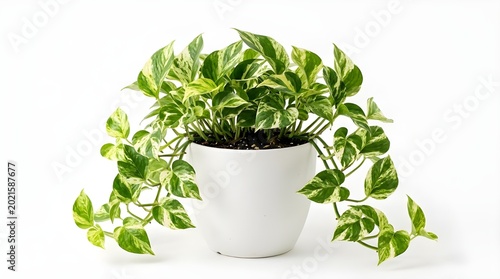 Potted variegated houseplant with green and white leaves isolated on white