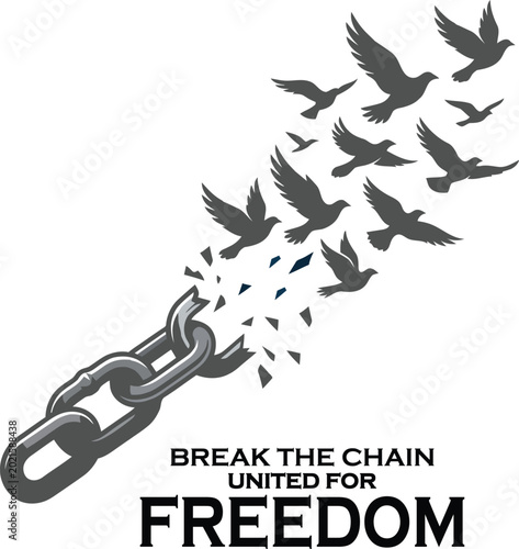 Fotografija Broken iron chain transforming into a flock of flying birds symbolizing human fr