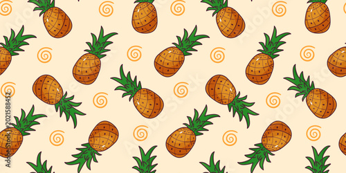 Seamless pineapple tropical pattern with colorful fruit illustration. exotic summer background for textile, packaging, wallpaper, wrapping paper and tropical design