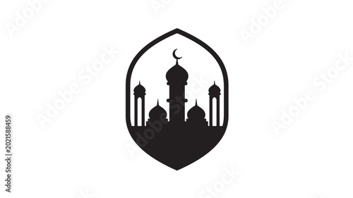 Obraz na płótnie Mosque silhouette logo with arch frame and minaret shapes, black emblem icon for