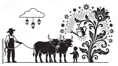 Fotografia Cow farmer silhouette illustration with lanterns, firework-like flowers, and mil