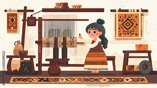 Illustration of a girl weaving in a cozy, traditionally decorated room