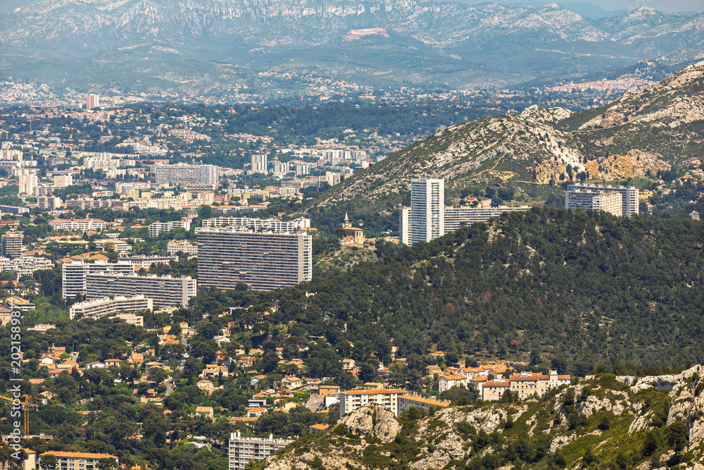Fototapeta premium Marseille city and limestone hills, Provence, view from Marseilleveyre