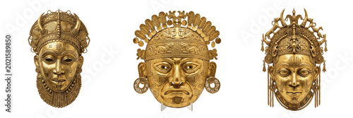 Konstfotografi Set and collection of ancient golden aztec mask artifact isolated on white backg