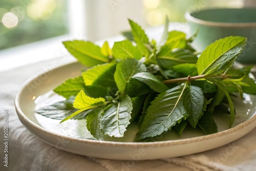 Fresh Mint Leaves on a White Plate with a Green Bowl in the Background