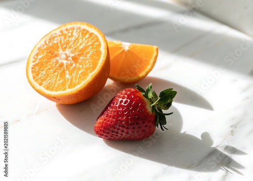 Fresh Orange Halves and Strawberry on Marble Surface with Sunlight fruit citrus