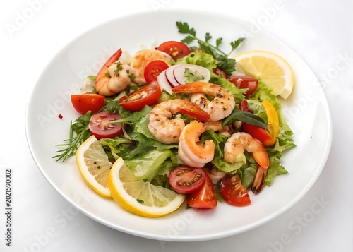 Fresh Shrimp Salad with Lettuce, Tomatoes, and Lemon Slices seafood