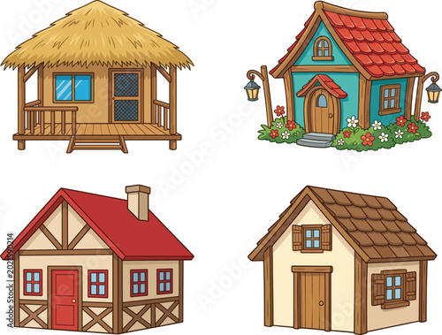 Φωτογραφία Collection of cute cartoon houses in different architectural styles including tr