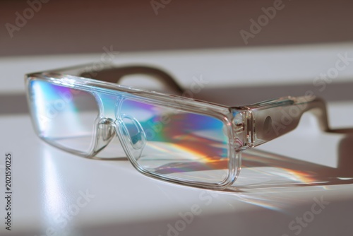Augmented reality glasses on plain white table with faint hologram glow. Smart eyewear, AR technology, digital overlay concept, future vision.